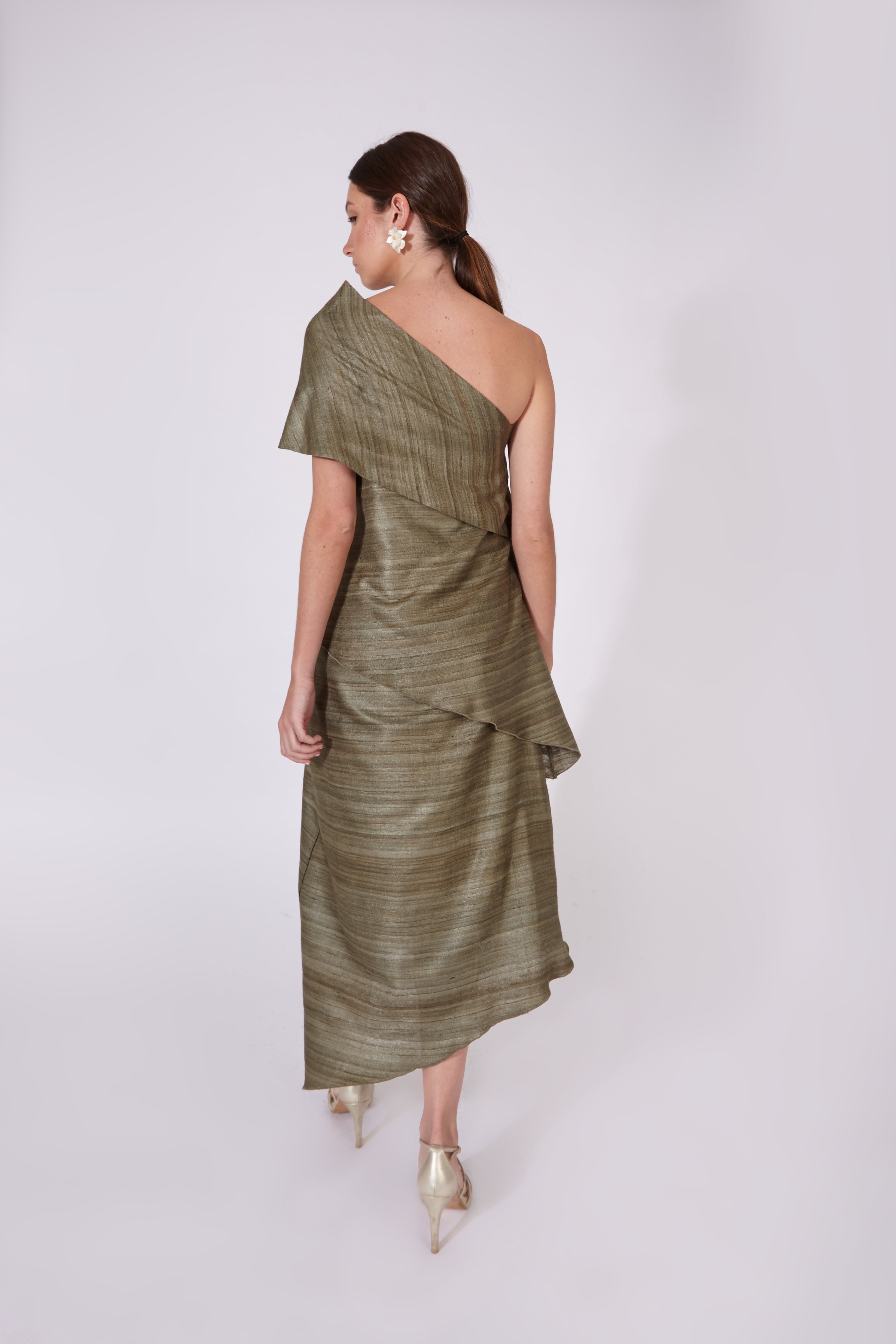 Vestido Chanderi Verde Topo 100% Seda