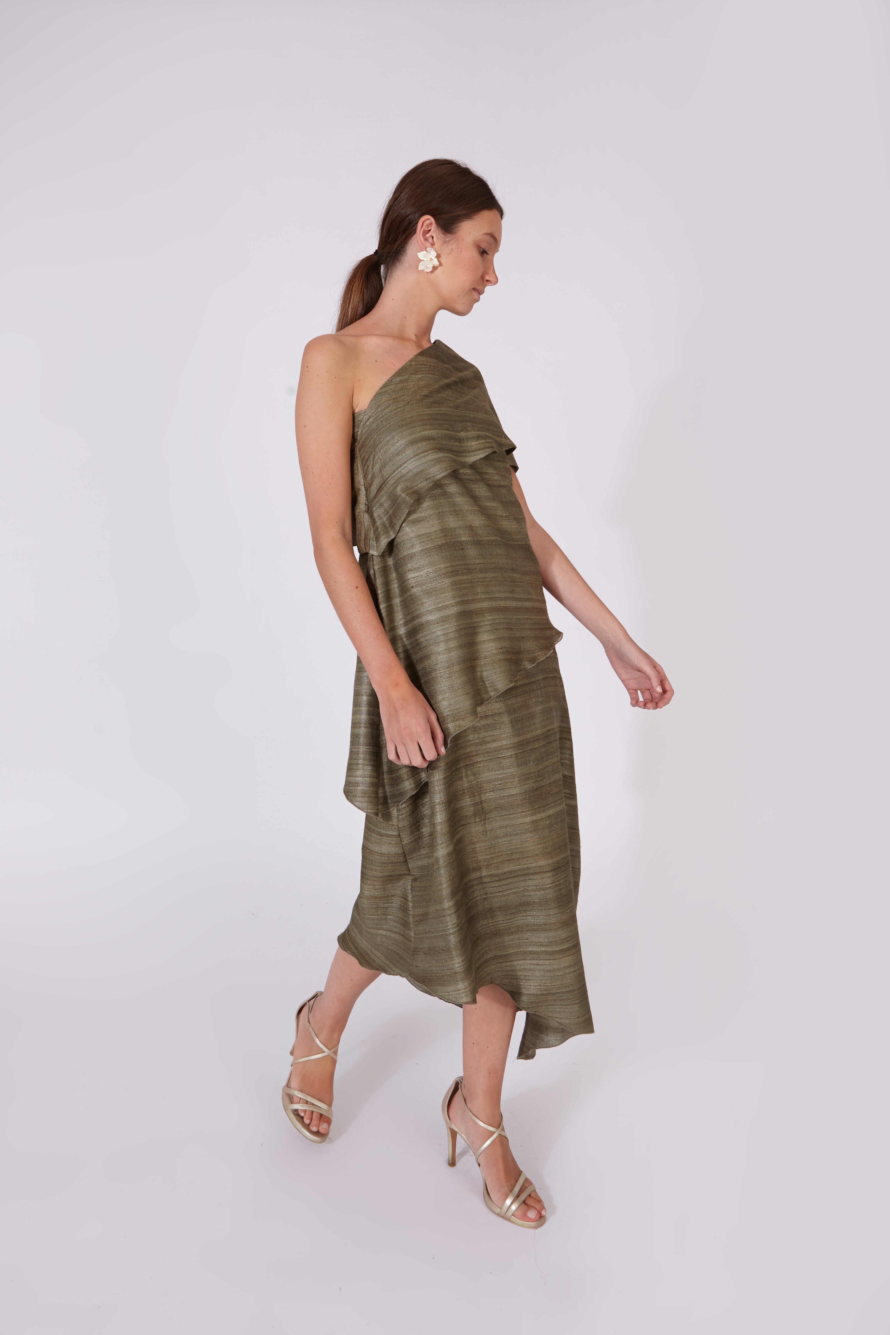 Vestido Chanderi Verde Topo 100% Seda