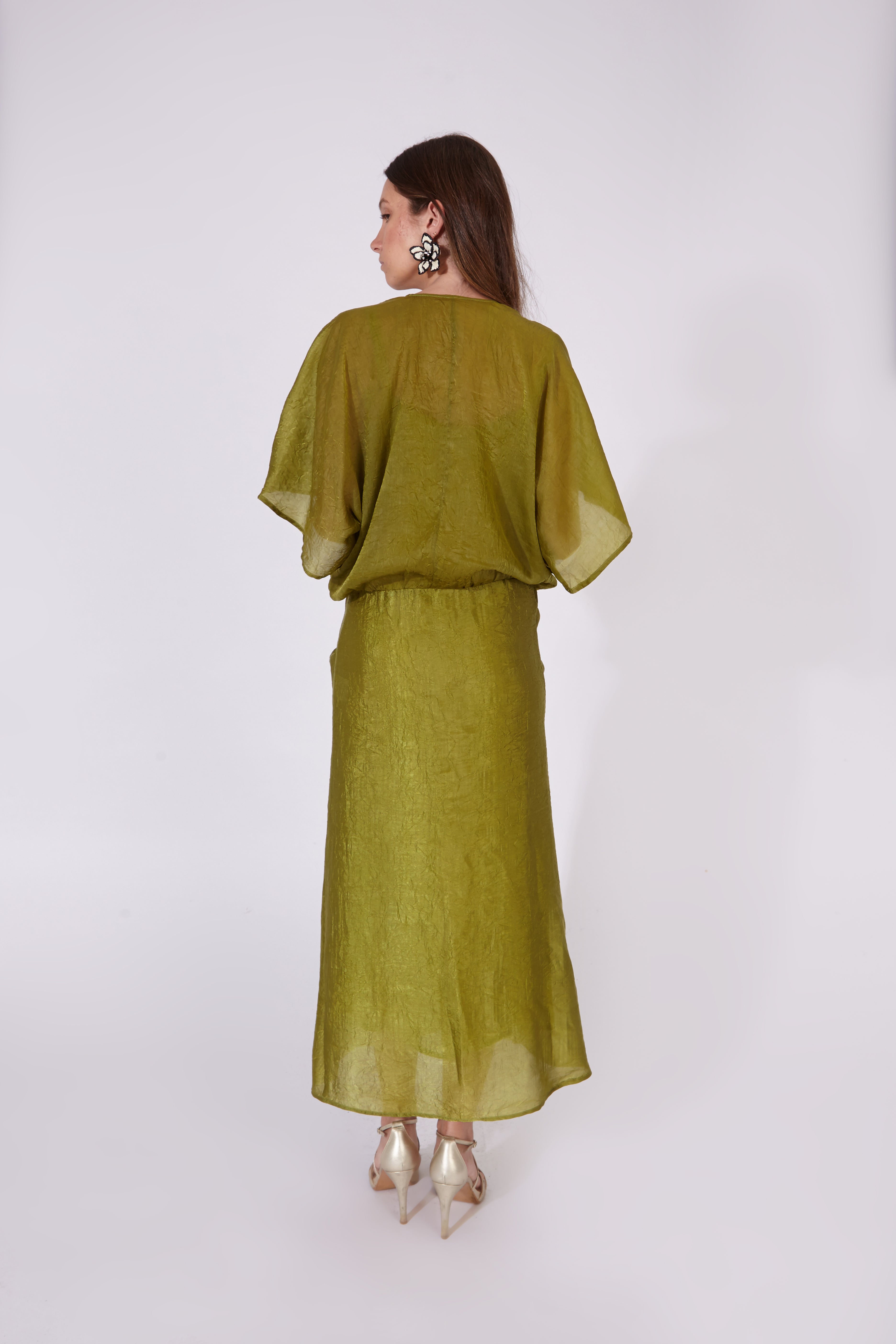 Vestido Varkala Verde Oliva Seda