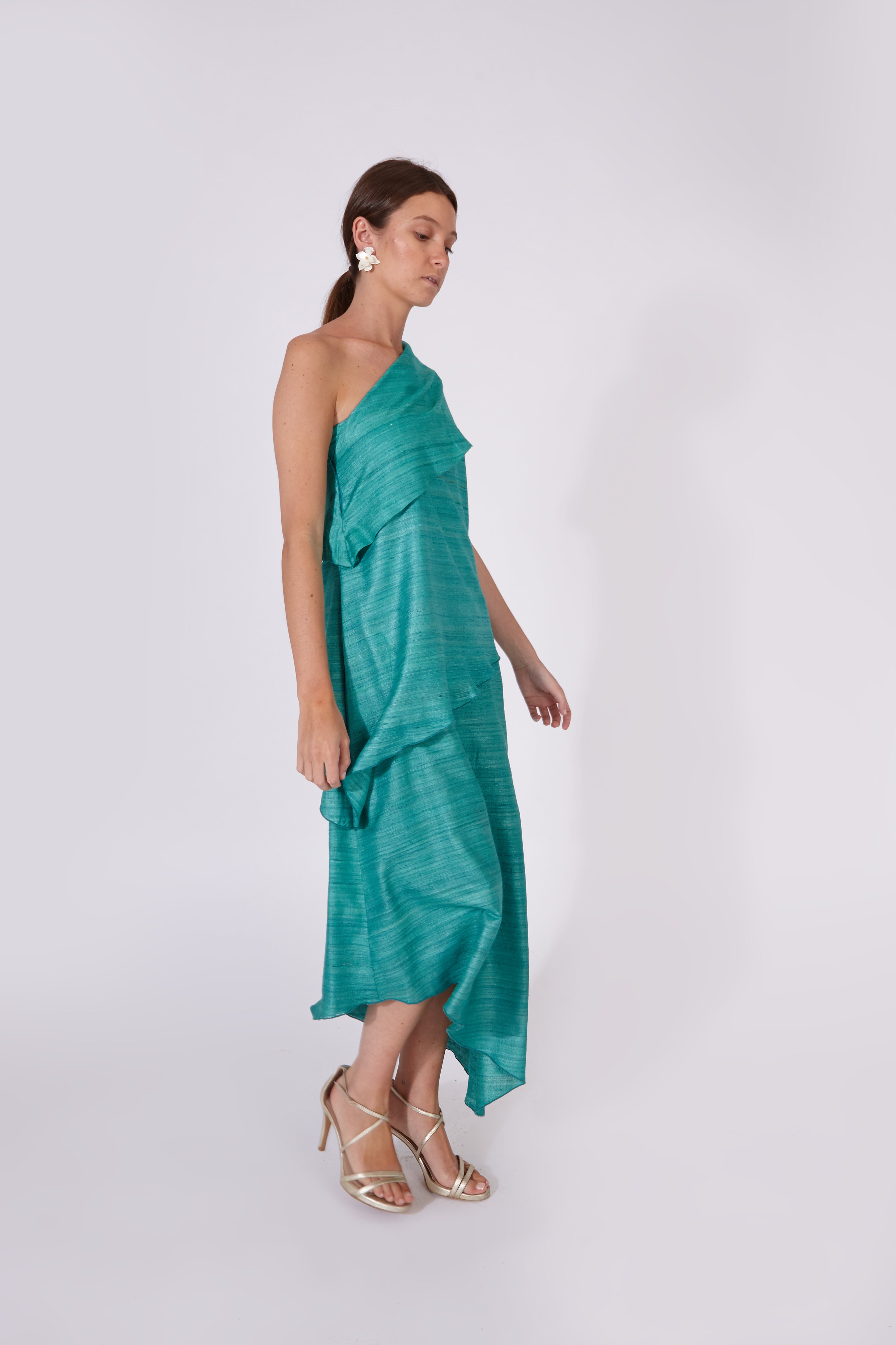Vestido Chanderi Azul 100% Seda